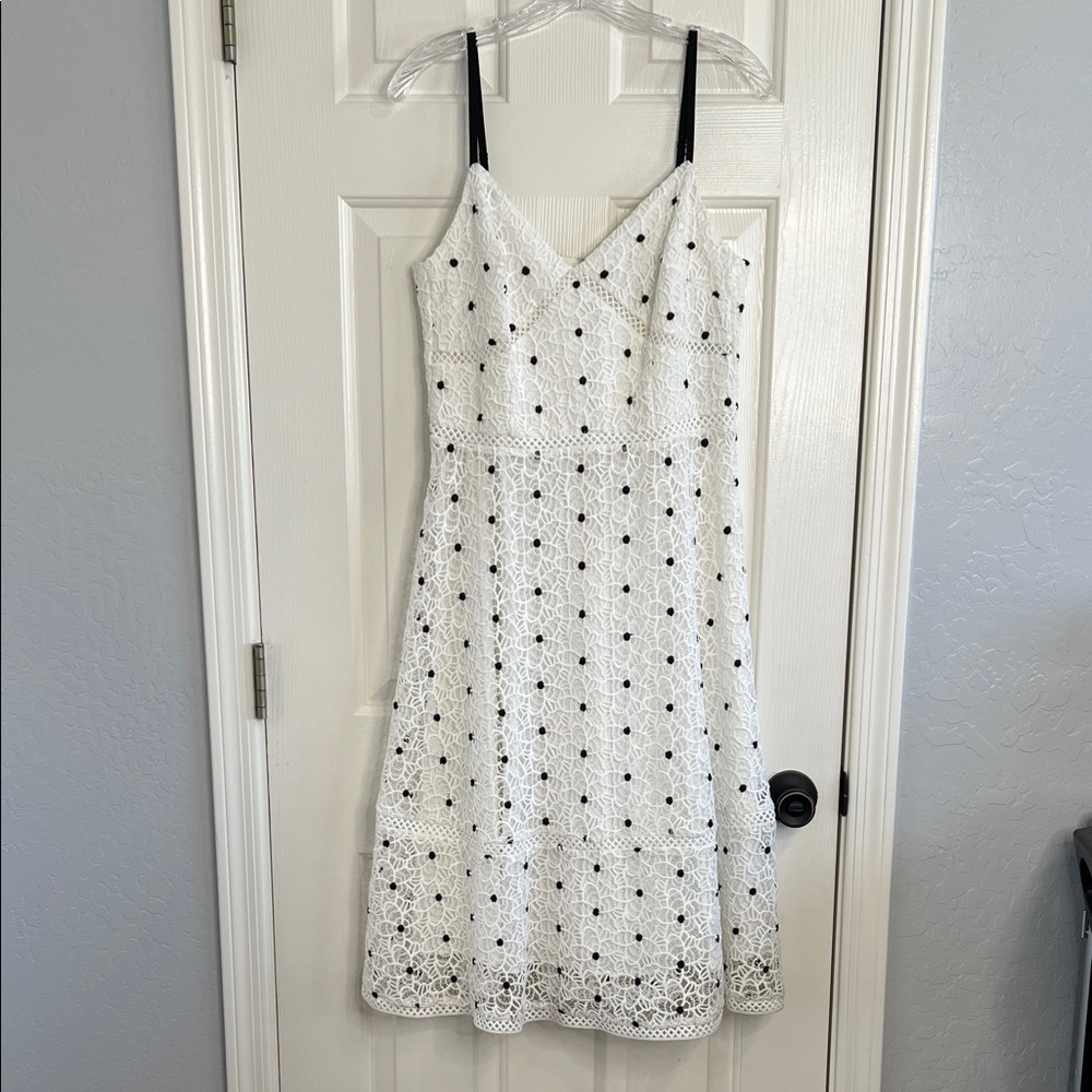 ANTONIO MELANI White Eyelet Midi Dress with Black Dot Accents
